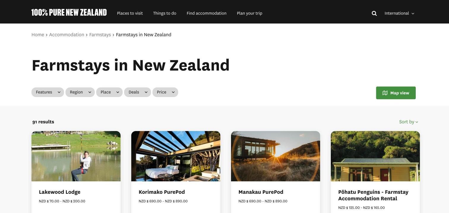Farmstays in New Zealand listing page showing 91 results with filters for features, region, place, deals and price