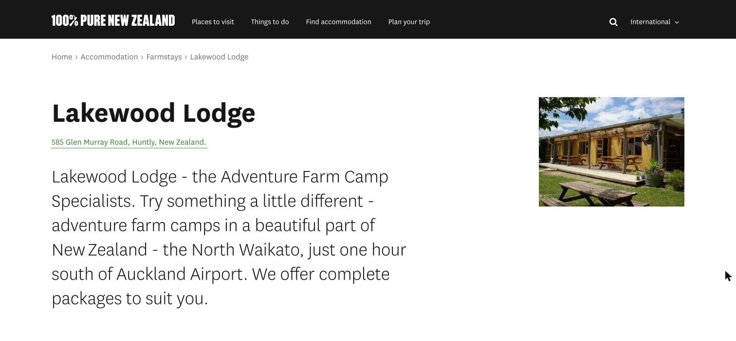 An operator page on newzealand.com for a farm lodge, with its address, description and photo